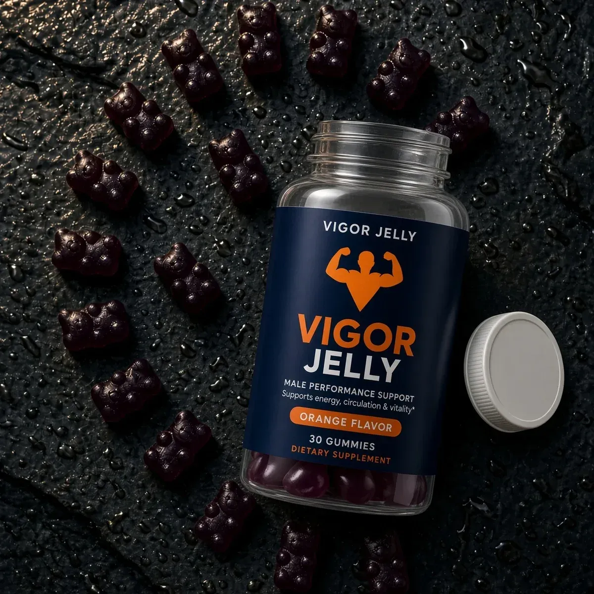 Vigor Jelly® jar with gummies on dark stone