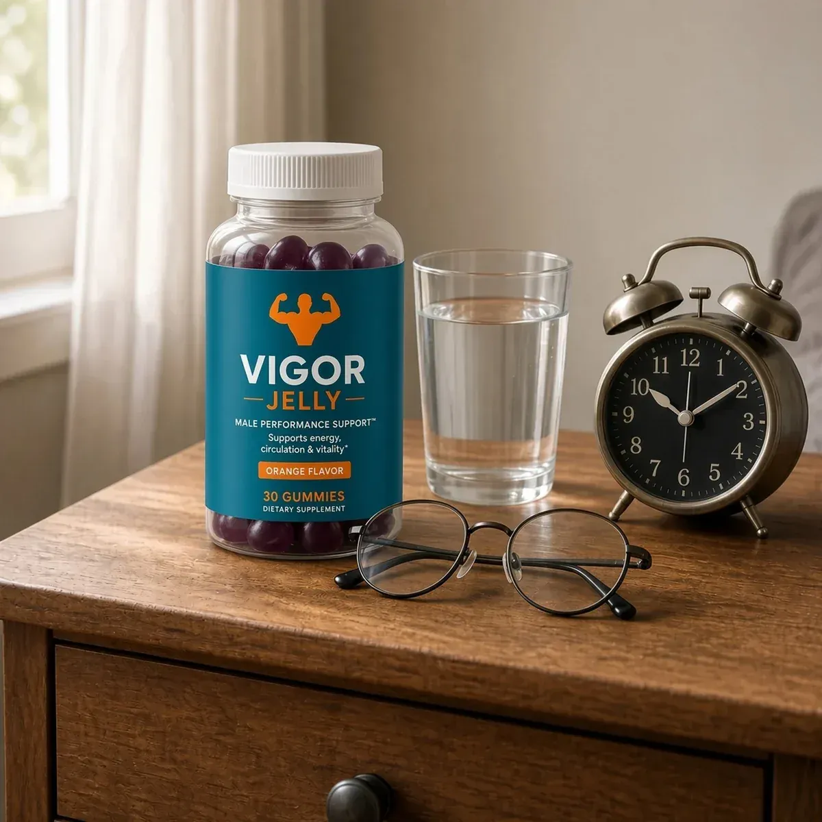 A jar of Vigor Jelly® on a nightstand in the morning light