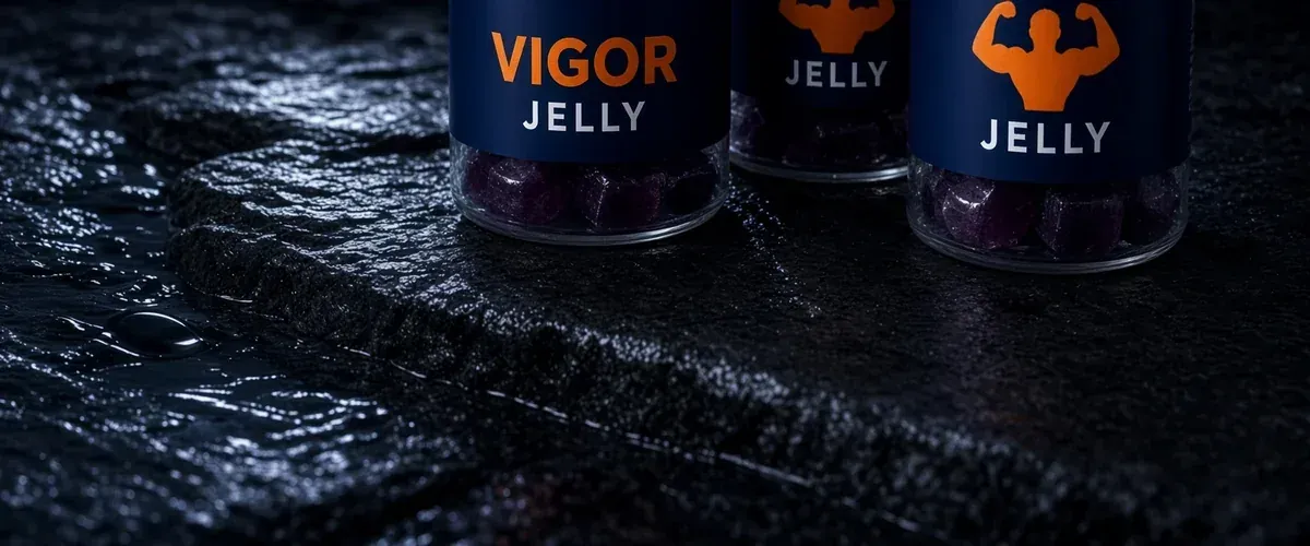 Three jars of Vigor Jelly® on wet slate under moonlight