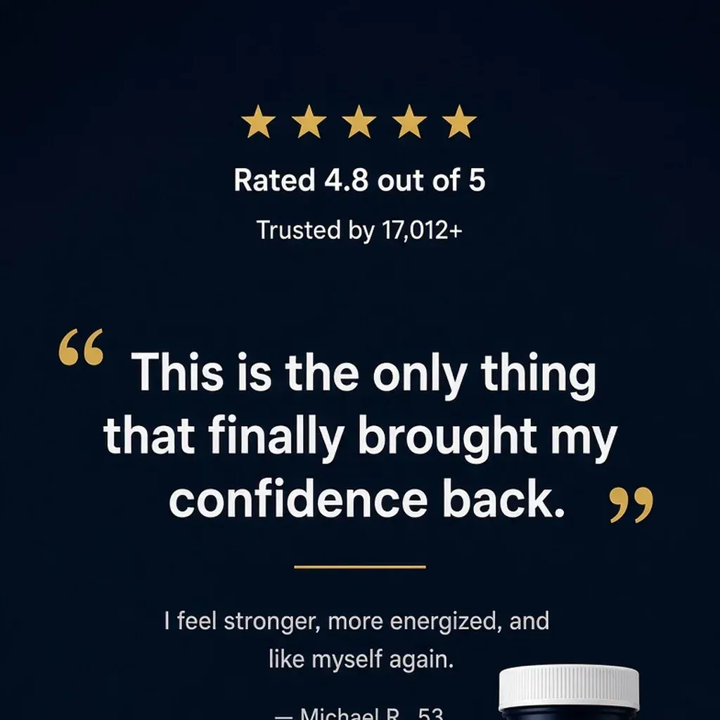 Rated 4.8 out of 5, trusted by 17,012+. “This is the only thing that finally brought my confidence back.” I feel stronger, more energized, and like myself again. — Michael R., 53.